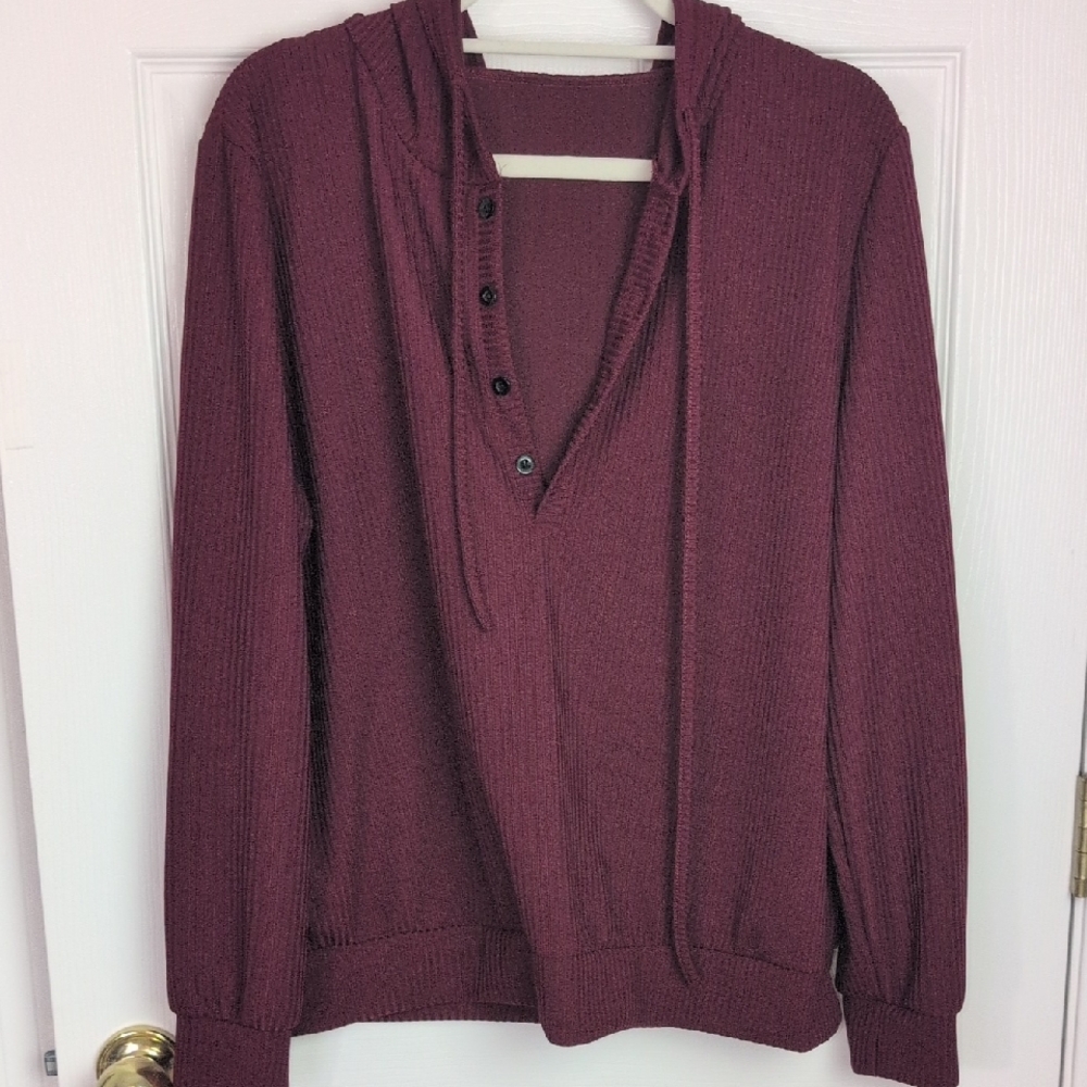 Burgundy Ribbed Hooded Long Sleeve Sweater, Sz. 2XL